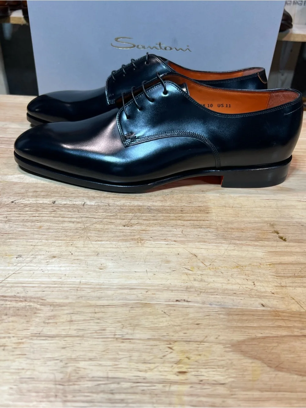 Santoni Archer Black Calfskin Leather Plain Toe Derby Shoes US 11M Made In 🇮🇹